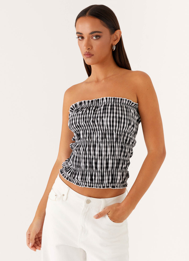 Orion Strapless Ruched Top - Black White Gingham