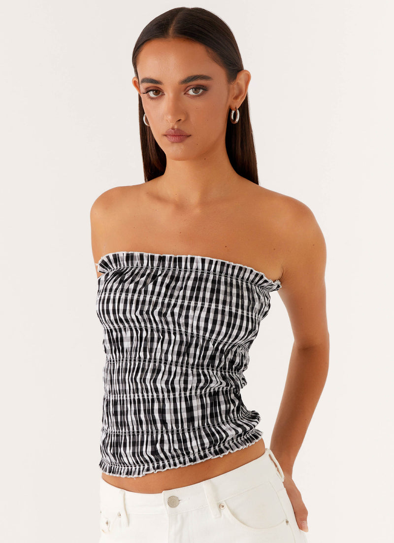Orion Strapless Ruched Top - Black White Gingham