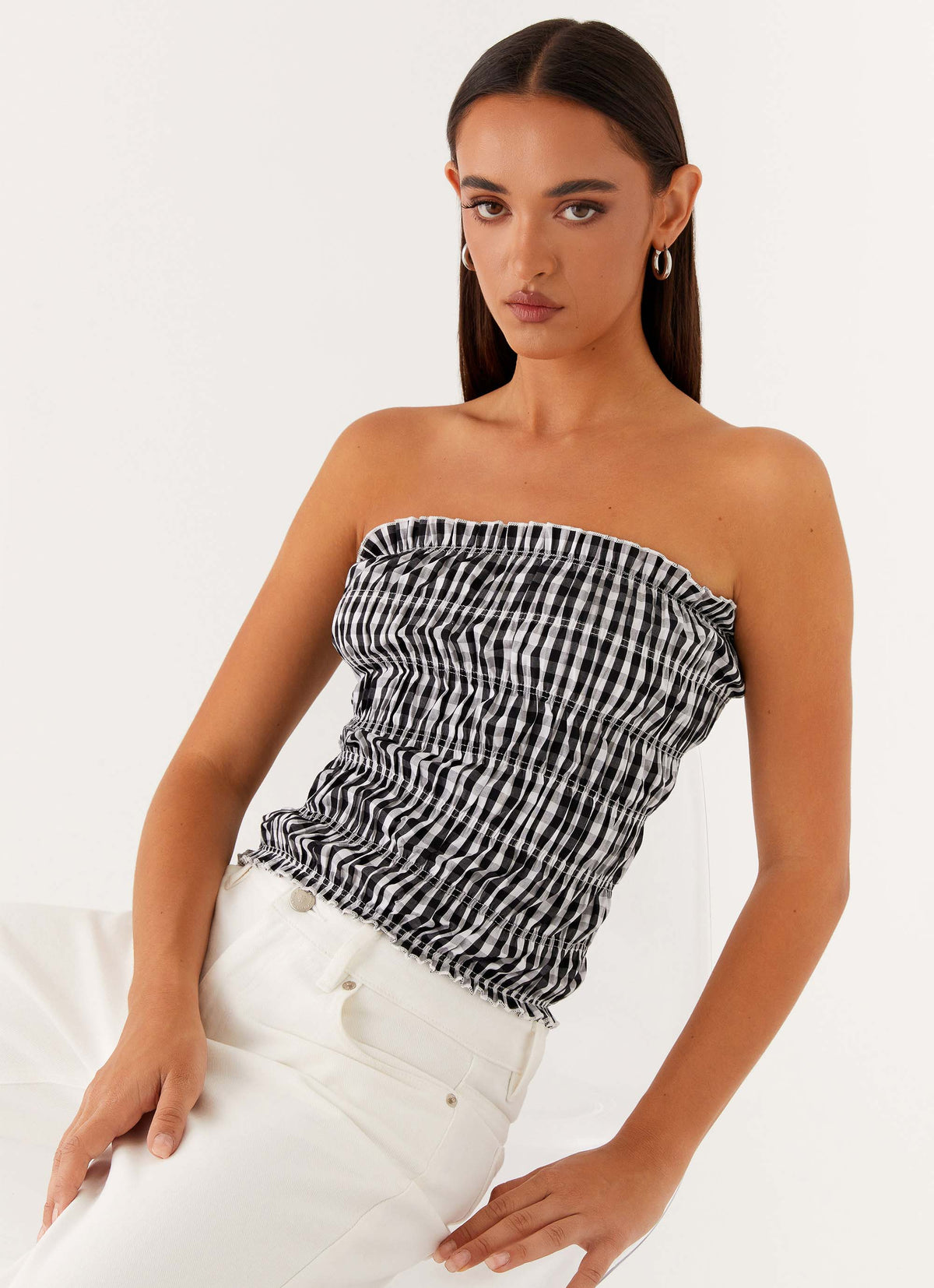 Orion Strapless Ruched Top - Black White Gingham