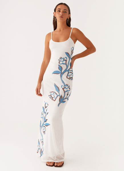 princess polly baby blue dress Crepe Embroidered Maxi Dress in White main image 0