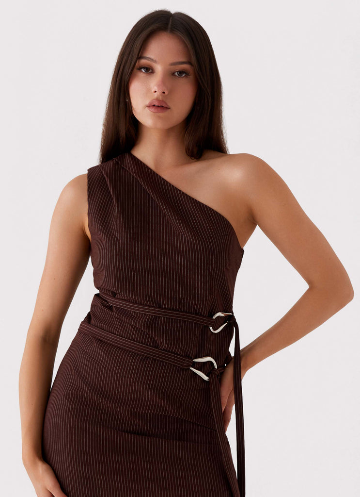 Womens Orla One Shoulder Top in the colour Chocolate in front of a light grey background