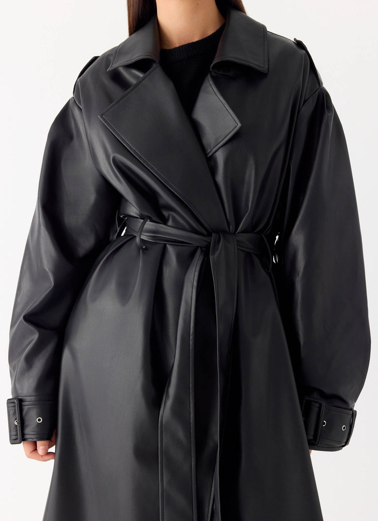 Out On The Town Faux Leather Midi Trench - Black – Peppermayo US