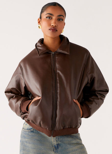 Outlands Faux Leather Bomber Jacket - Chocolate – Peppermayo US
