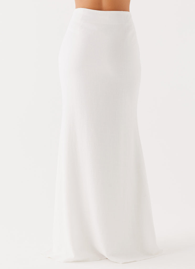 Womens Parker Linen Maxi Skirt in the colour White in front of a light grey background