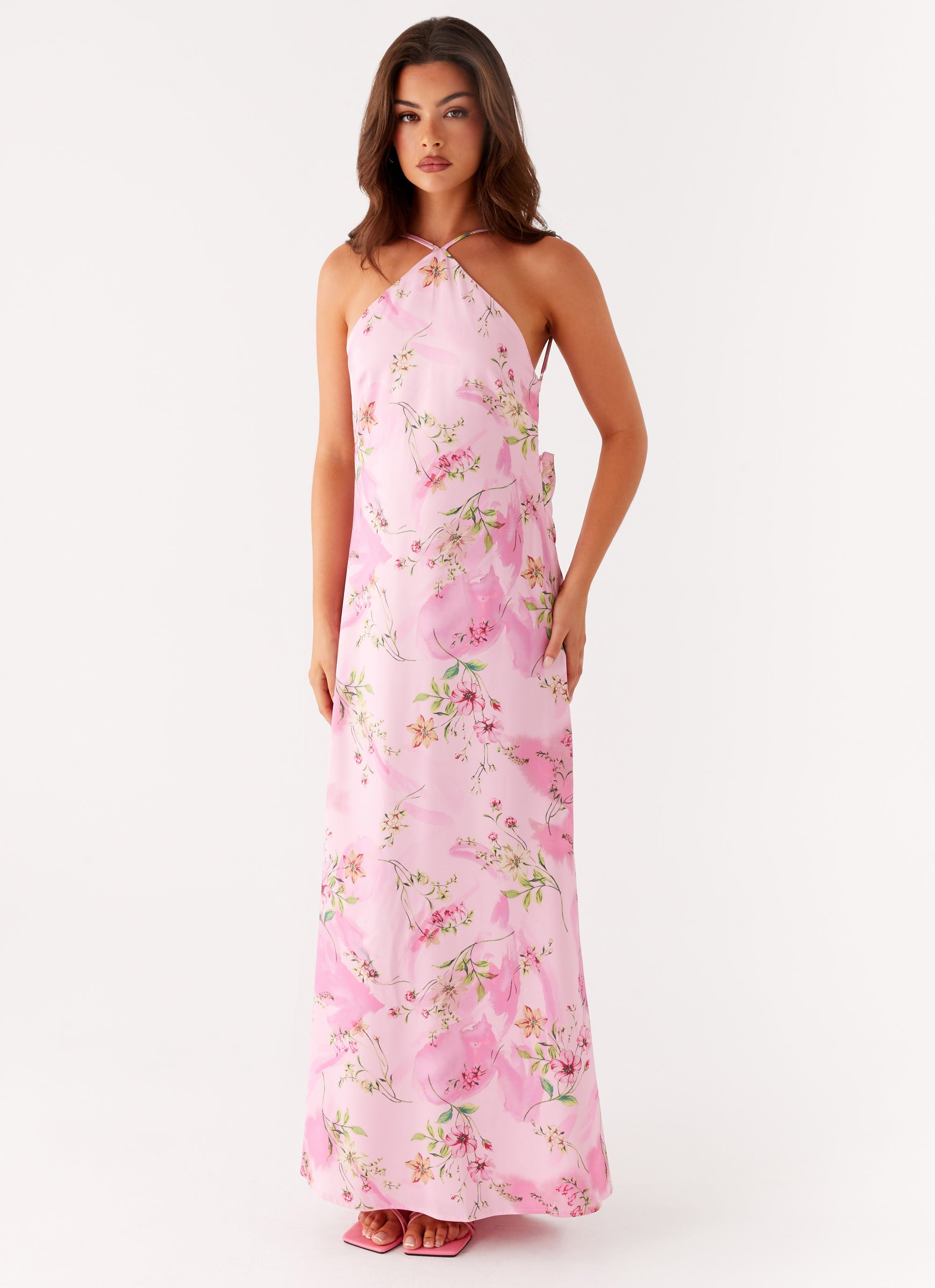 pink print maxi dress Floral Print Maxi Dress in Blush Pink With High Neckline| Oh Pretty Blush Pink / L