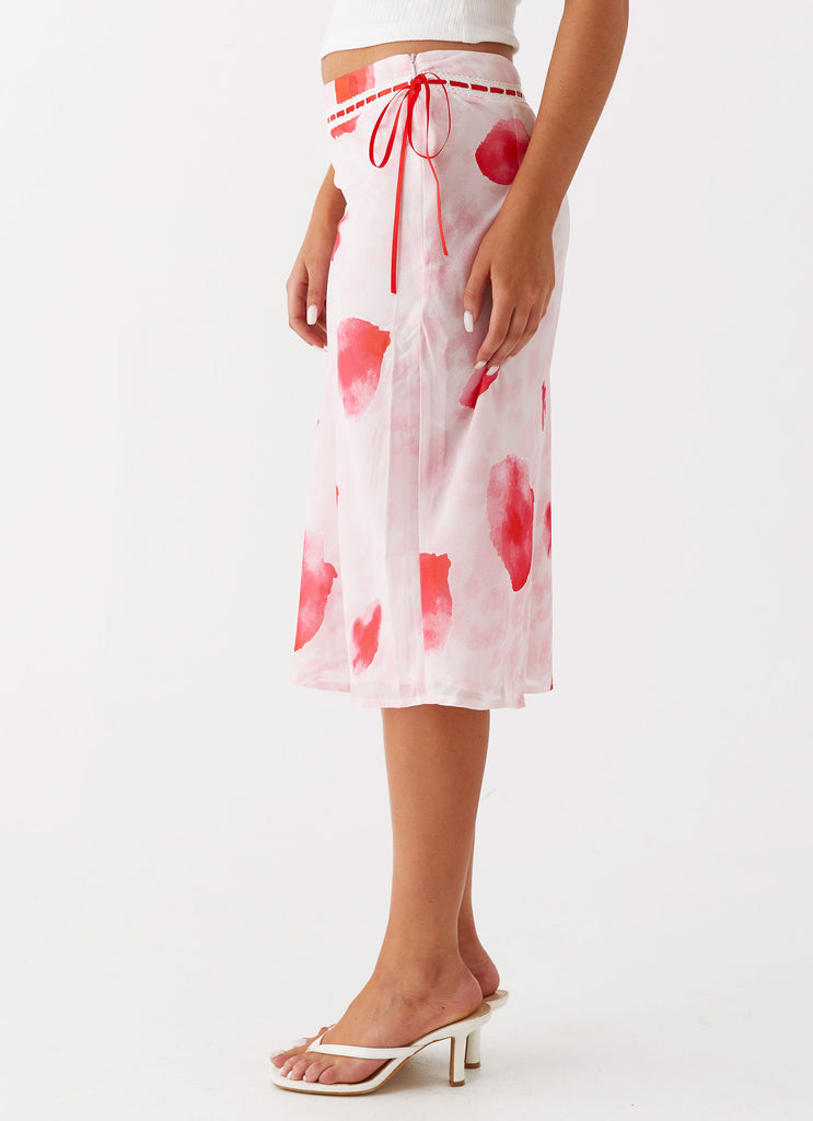 Womens Peony Quartz Midi Skirt in the colour Pink Poppy in front of a light grey background