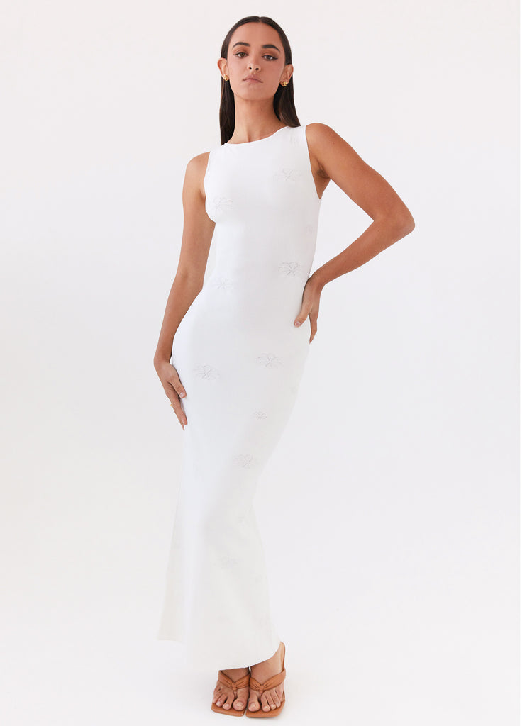 Womens Holly Knit Maxi Dress in the colour White in front of a light grey background