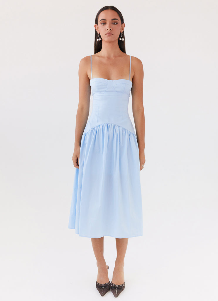 Womens Yvette Corset Midi Dress in the colour Blue in front of a light grey background