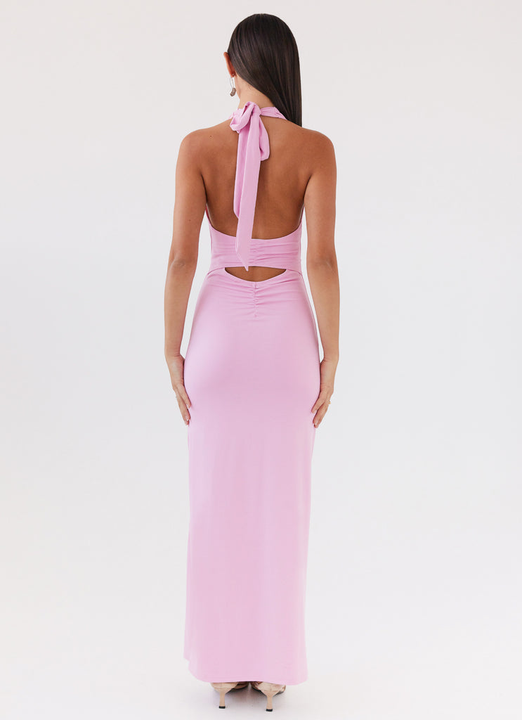 Womens Whisked Away Halterneck Maxi Dress in the colour Pink in front of a light grey background