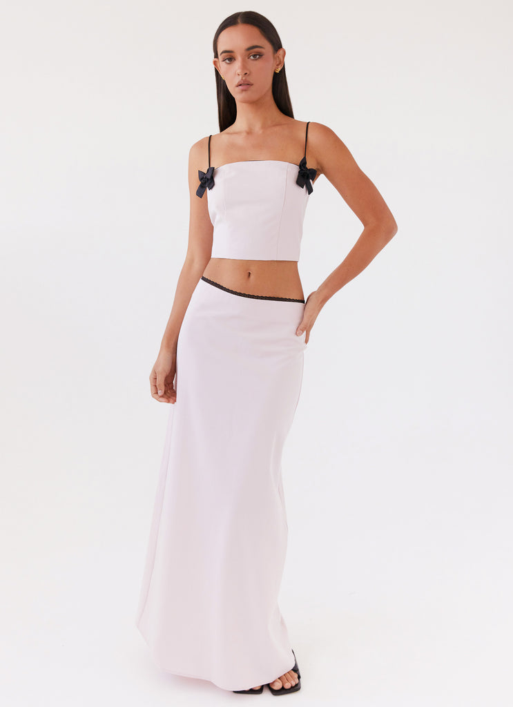 Womens Rushing Back Maxi Skirt in the colour Mauve in front of a light grey background