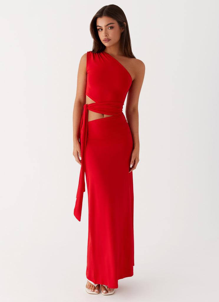 Womens Love Me Tie Maxi Dress in the colour Red in front of a light grey background