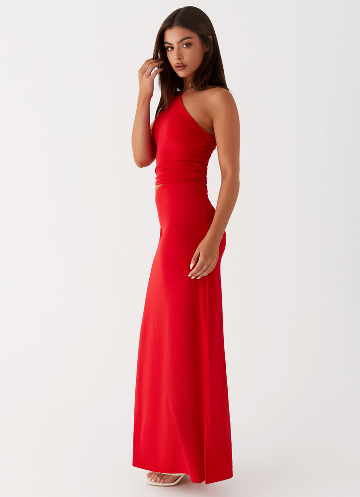 Womens Love Me Tie Maxi Dress in the colour Red in front of a light grey background