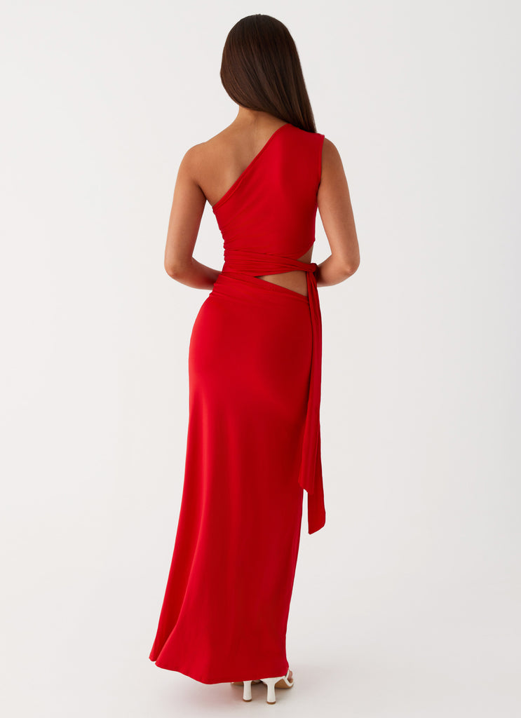 Womens Love Me Tie Maxi Dress in the colour Red in front of a light grey background