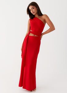 Womens Love Me Tie Maxi Dress in the colour Red in front of a light grey background