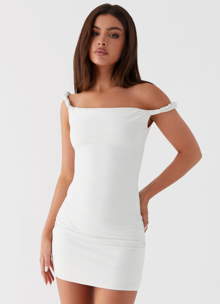 Womens Arabella Twist Shoulder Mini Dress in the colour Ivory in front of a light grey background