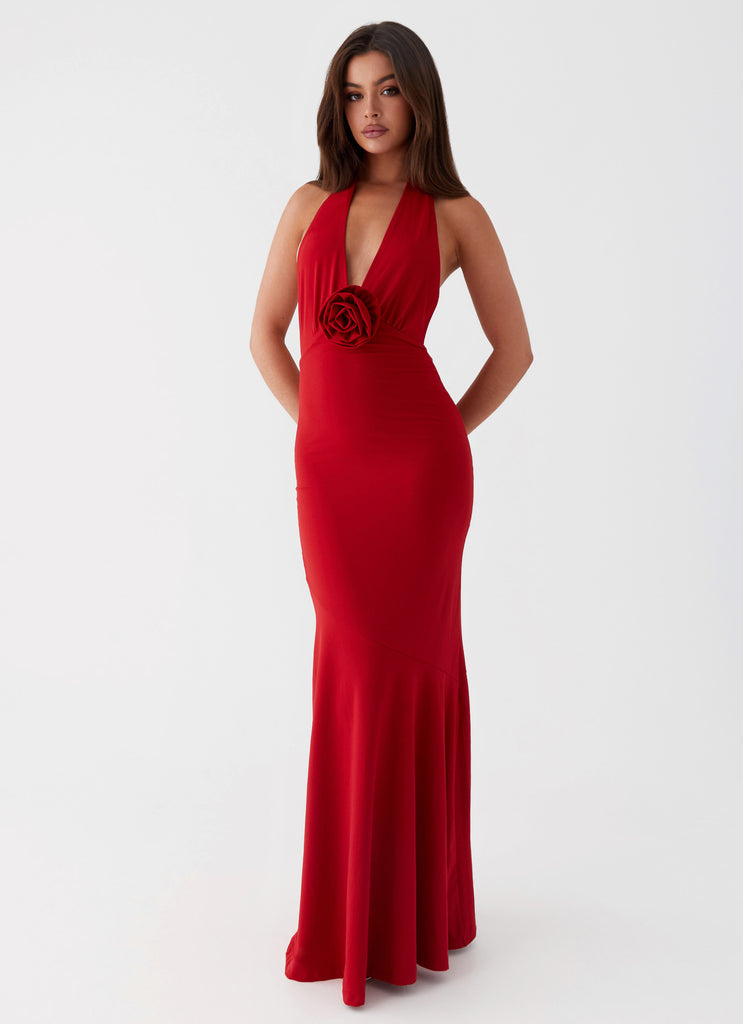 Womens Eliza Rose Maxi Dress in the colour Red in front of a light grey background