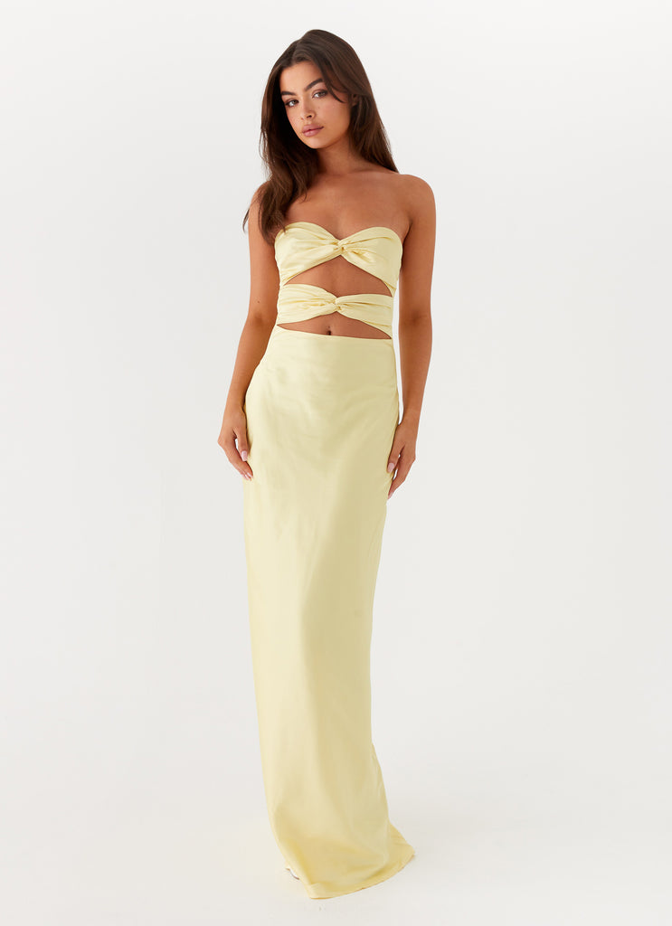 Womens Tianna Strapless Maxi Dress in the colour Yellow in front of a light grey background