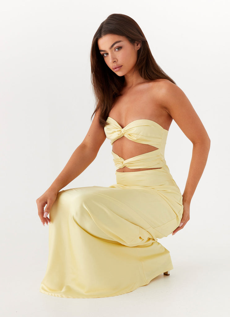 Womens Tianna Strapless Maxi Dress in the colour Yellow in front of a light grey background