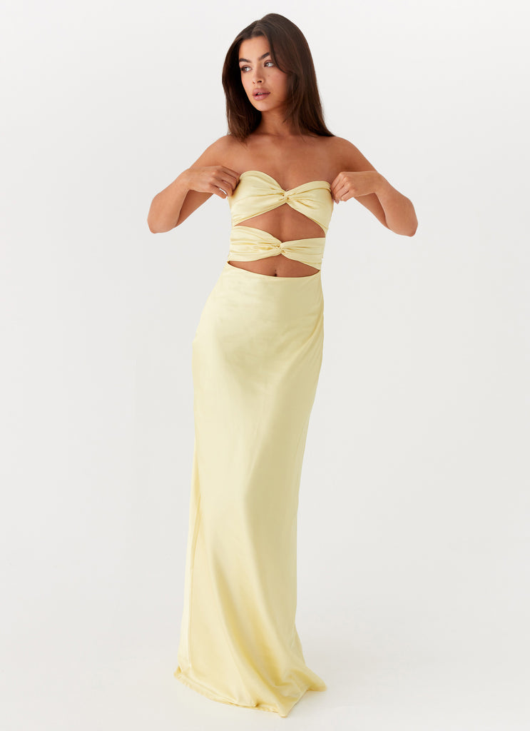 Womens Tianna Strapless Maxi Dress in the colour Yellow in front of a light grey background