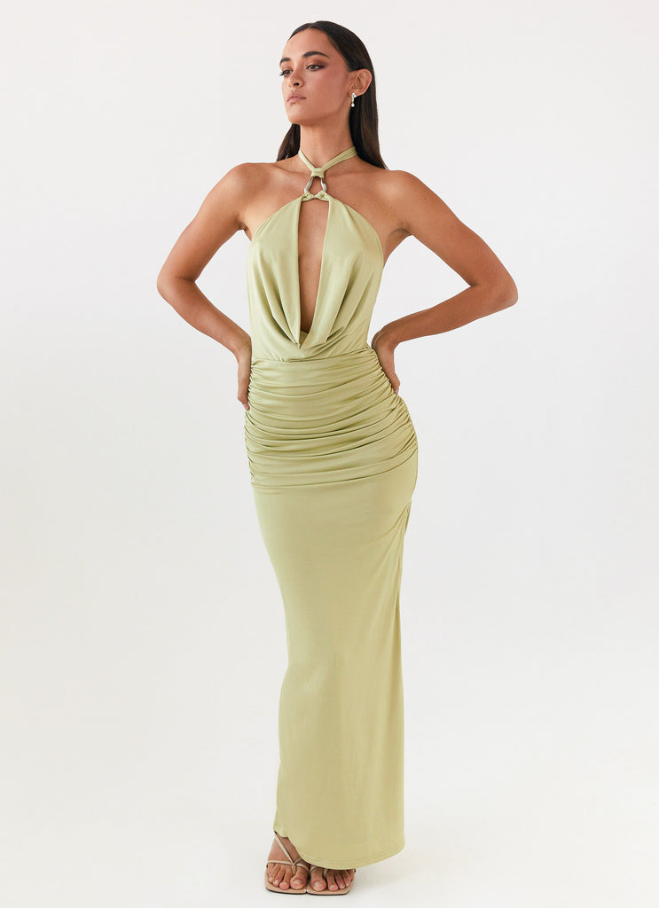 Womens Samara Halterneck Maxi Dress in the colour Sage in front of a light grey background