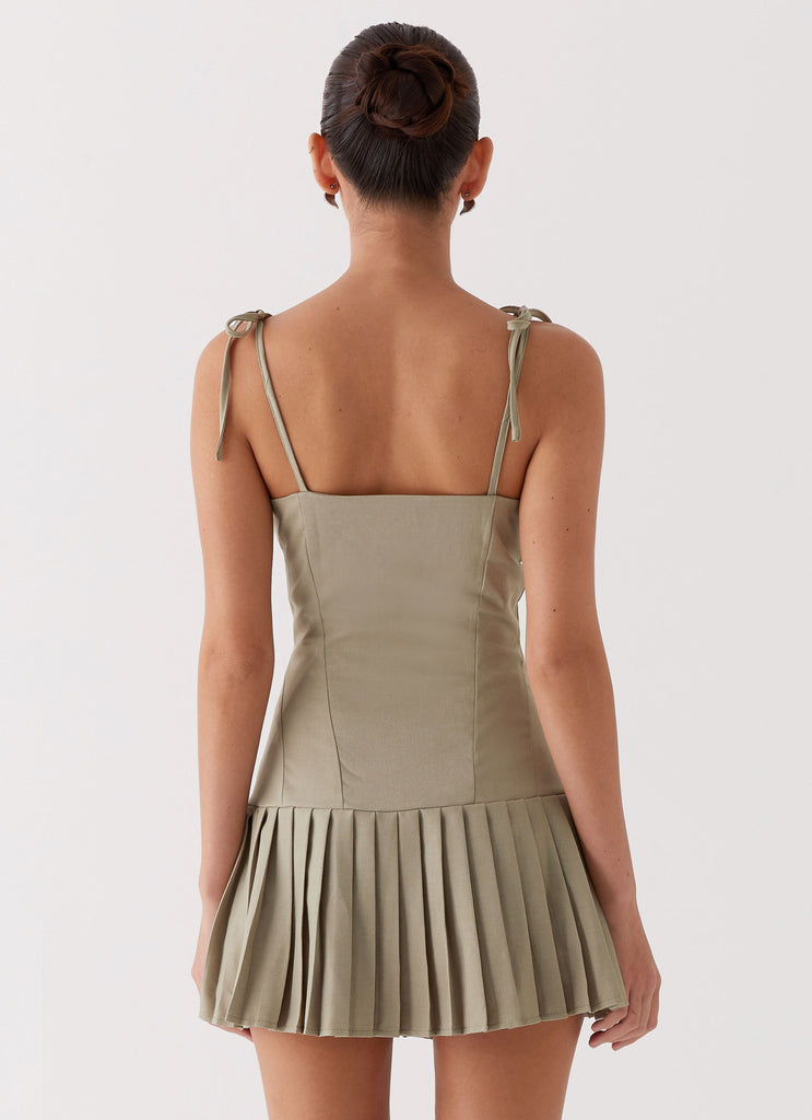 Womens Love Seeker Corset Mini Dress in the colour Sage in front of a light grey background