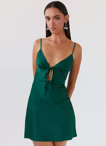 Womens Flora Satin Mini Dress in the colour Forest Green in front of a light grey background