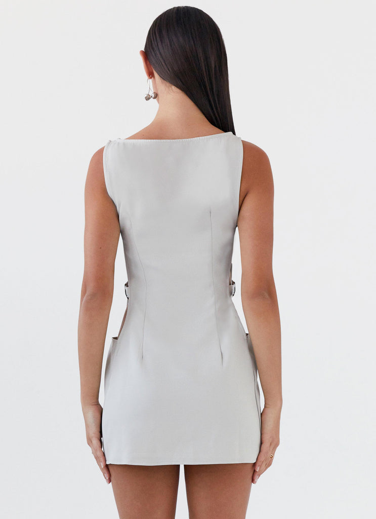 Womens Cherish You Buckle Mini Dress in the colour Grey in front of a light grey background