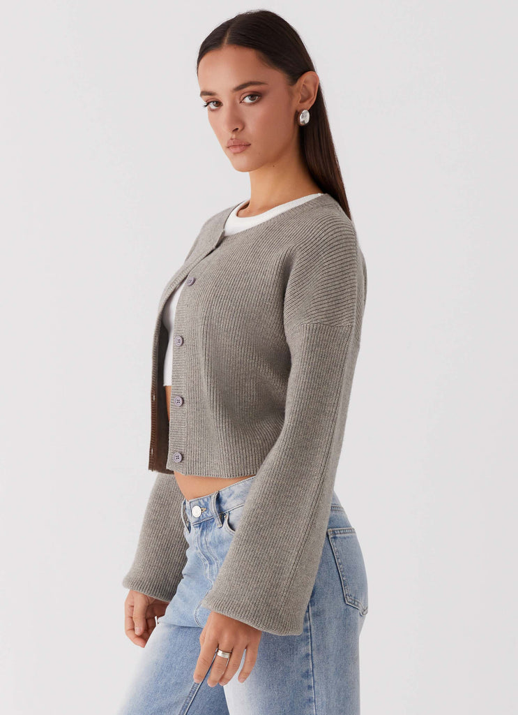 Womens Daphne Knit Cardigan in the colour Light Grey in front of a light grey background