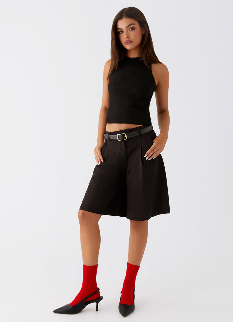 Womens Jeni Long Tailored Jorts in the colour Black in front of a light grey background