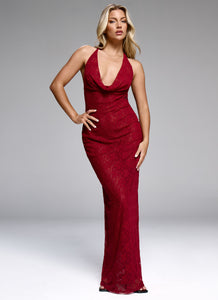 Womens Champagne Coastline Maxi Dress in the colour Dark Red in front of a light grey background