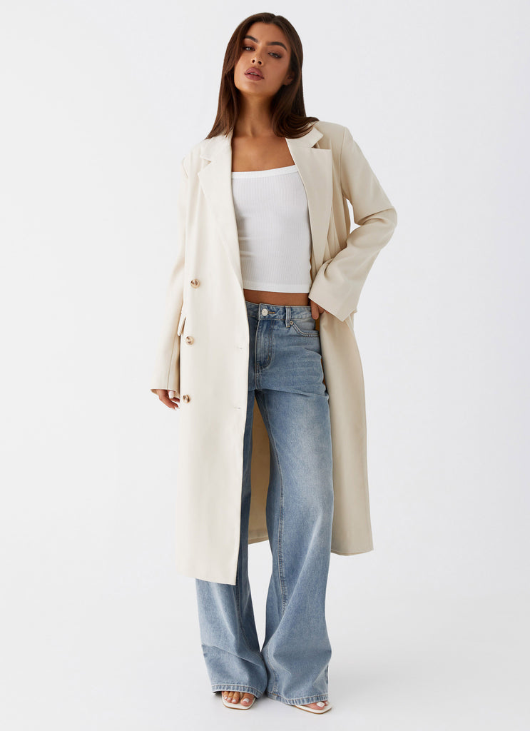 Womens Dalia Double Breasted Blazer Coat in the colour Beige in front of a light grey background