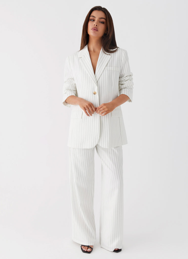 Womens Can't Leave Pinstripe Oversized Blazer in the colour White Pinstripe in front of a light grey background