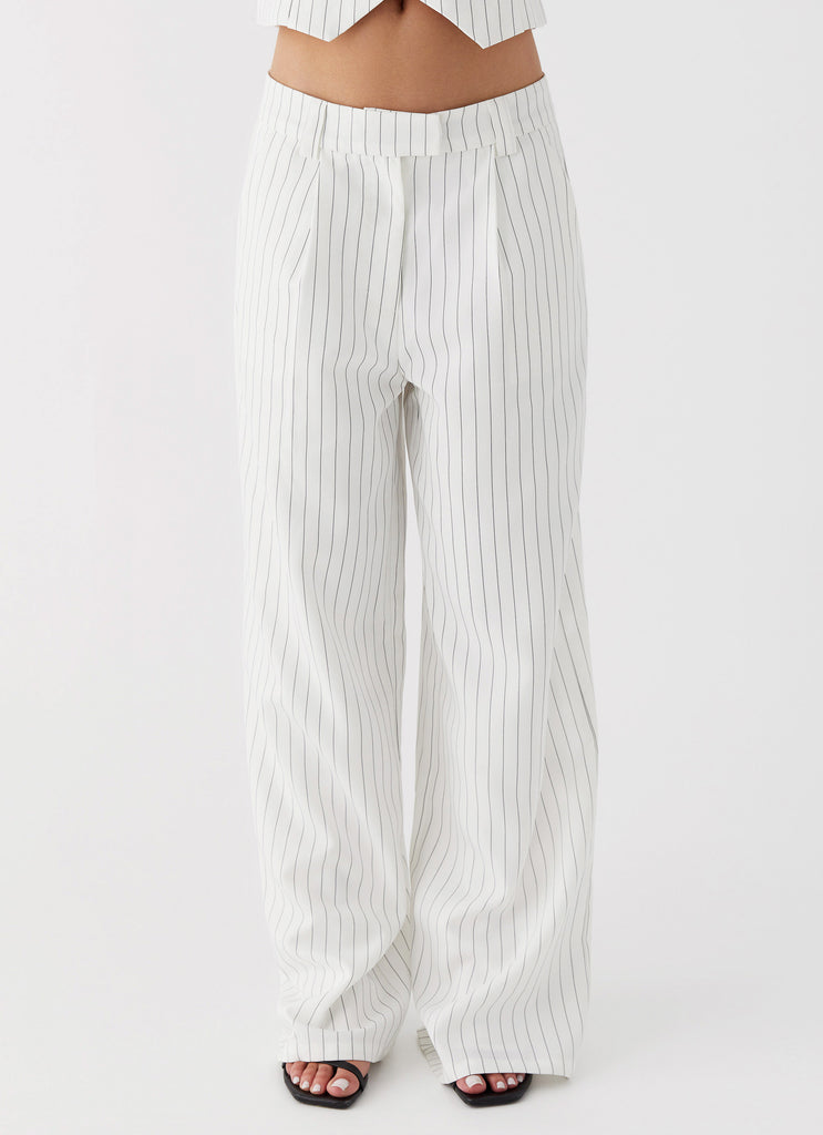 Womens Midnight City Suit Pants in the colour White Pinstripe in front of a light grey background