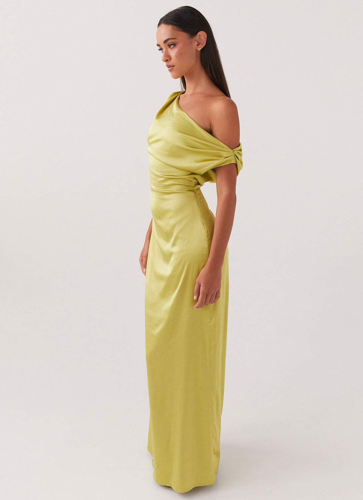 chartreuse color dress Goddess Aura Satin One-Shoulder Maxi Fitted waist tops a column Paulina Light Chartreuse Maxi Dress