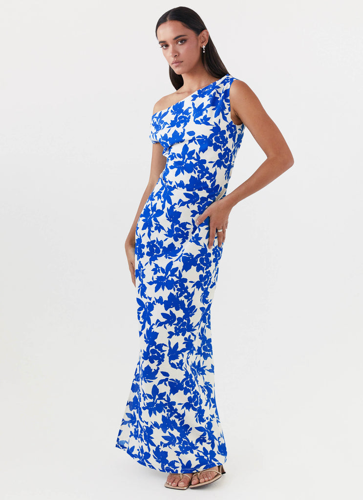 Womens Pyper Off Shoulder Maxi Dress in the colour Blue Floral in front of a light grey background