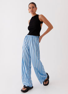 Womens Salta Satin Pants in the colour Blue Stripe in front of a light grey background