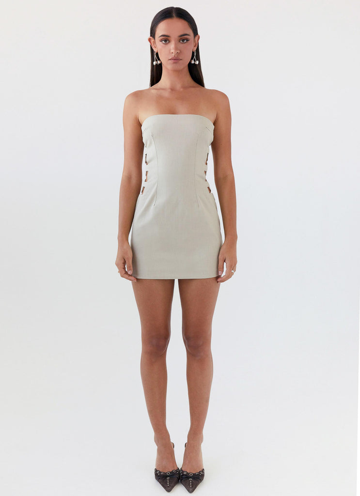 Womens Conceited Strapless Mini Dress in the colour Sand in front of a light grey background