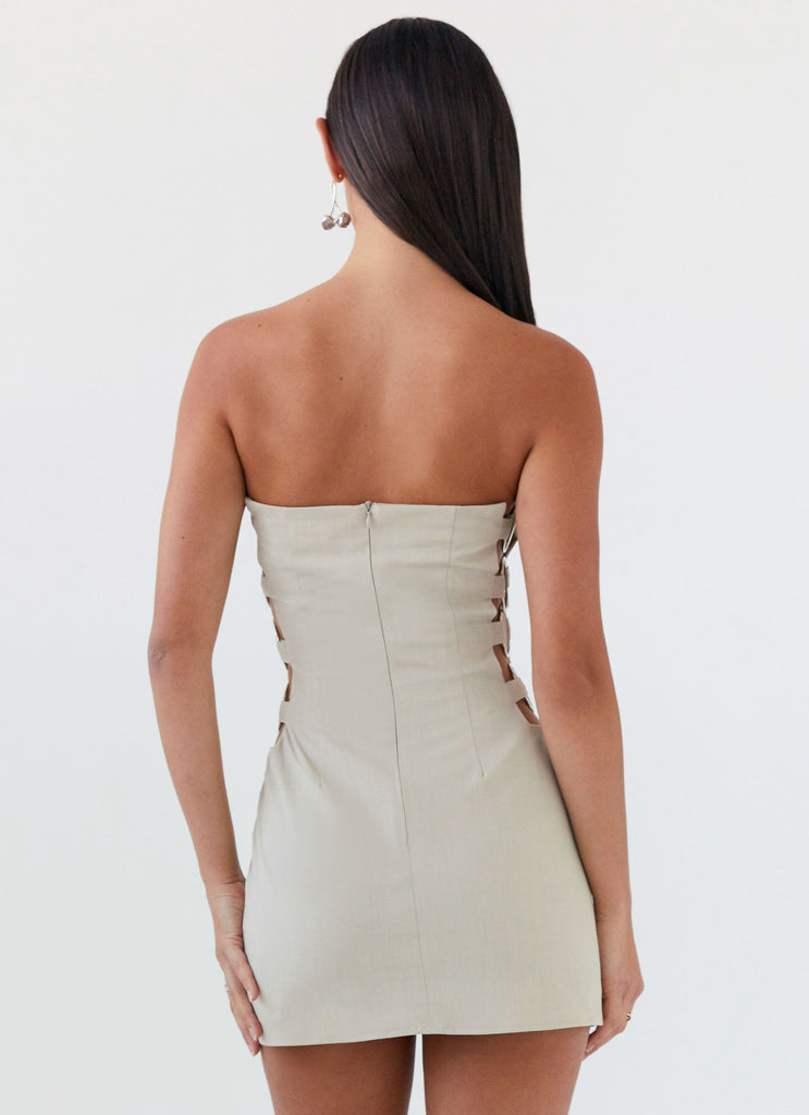 Womens Conceited Strapless Mini Dress in the colour Sand in front of a light grey background