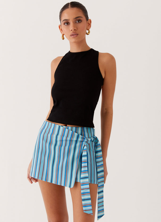 Steal Away Linen Wrap Skirt - Blue Stripe