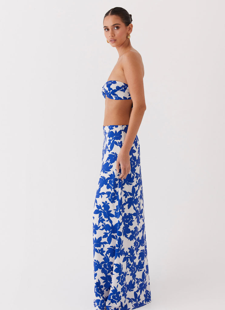 Womens Sky Gaze Low Rise Maxi Skirt in the colour Blue Floral in front of a light grey background