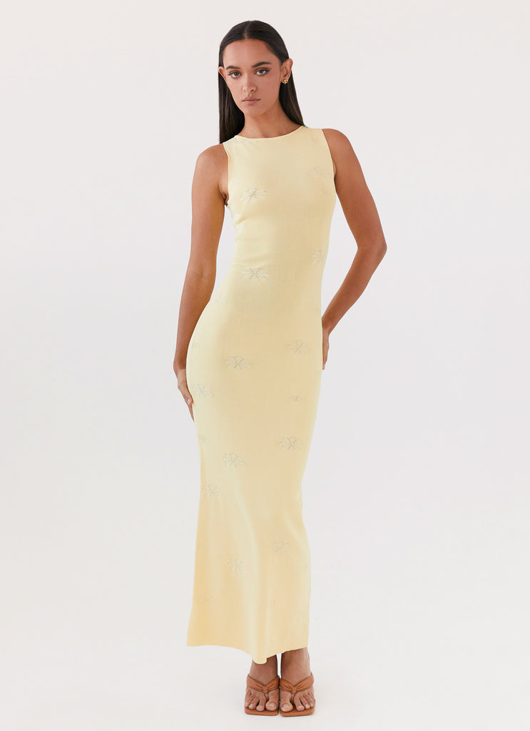 Womens Holly Knit Maxi Dress in the colour Yellow in front of a light grey background