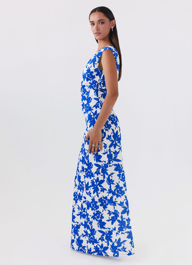 Womens Pyper Off Shoulder Maxi Dress in the colour Blue Floral in front of a light grey background