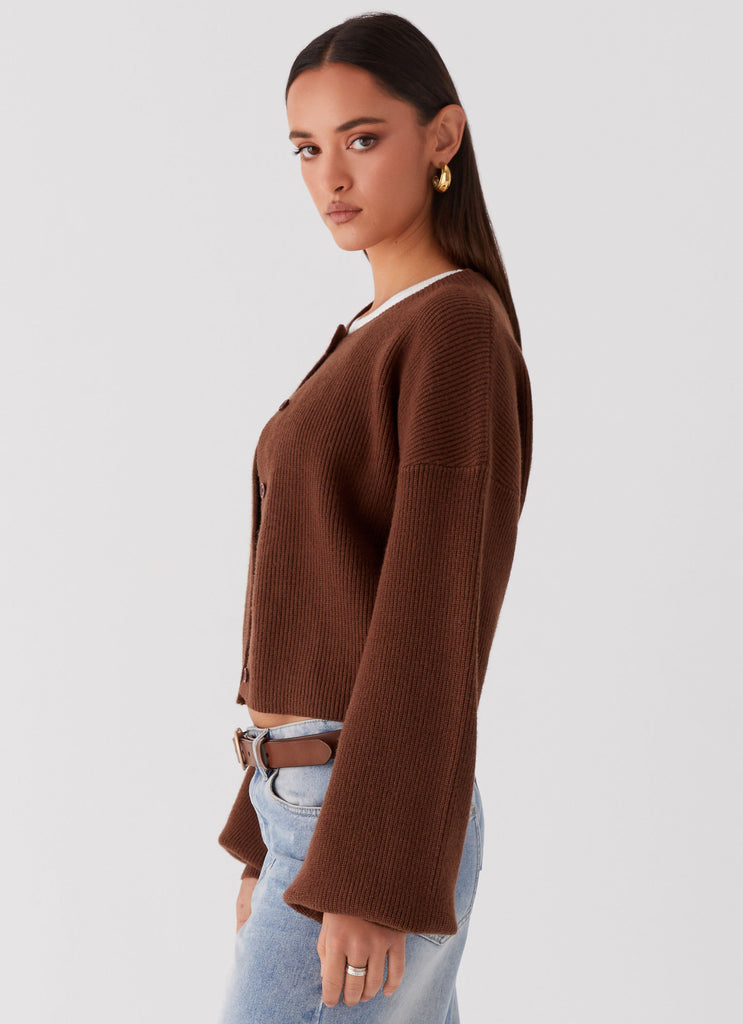 Womens Daphne Knit Cardigan in the colour Chocolate in front of a light grey background