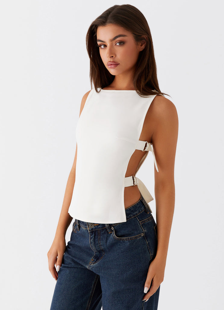 Womens Cherish You Buckle Top in the colour White in front of a light grey background