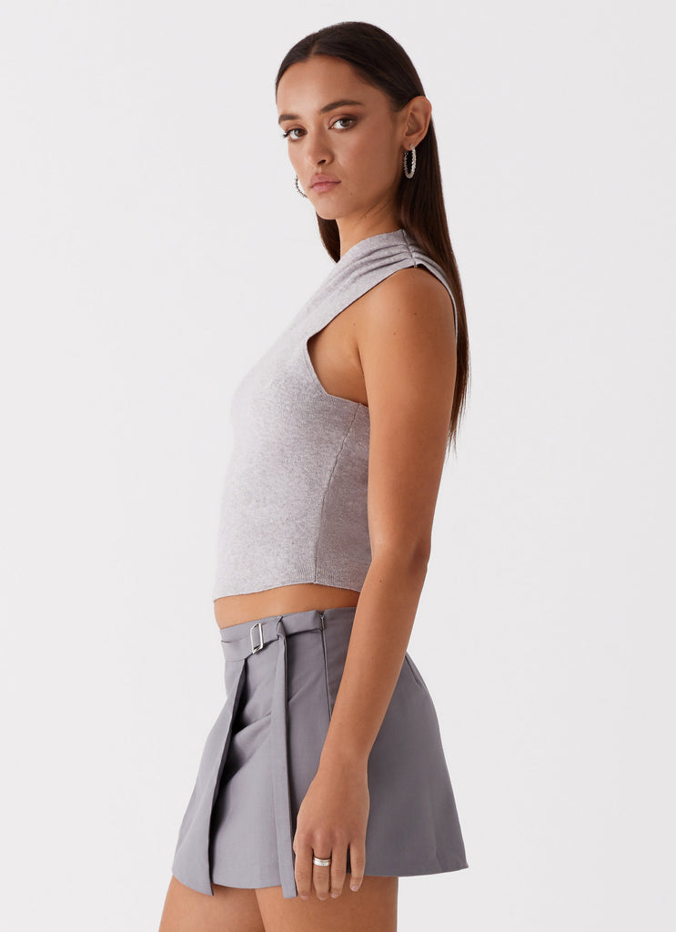 Womens Indy One Shoulder Knit Top in the colour Grey in front of a light grey background