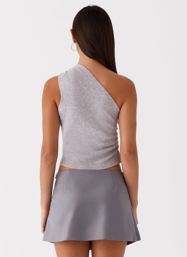 Womens Indy One Shoulder Knit Top in the colour Grey in front of a light grey background