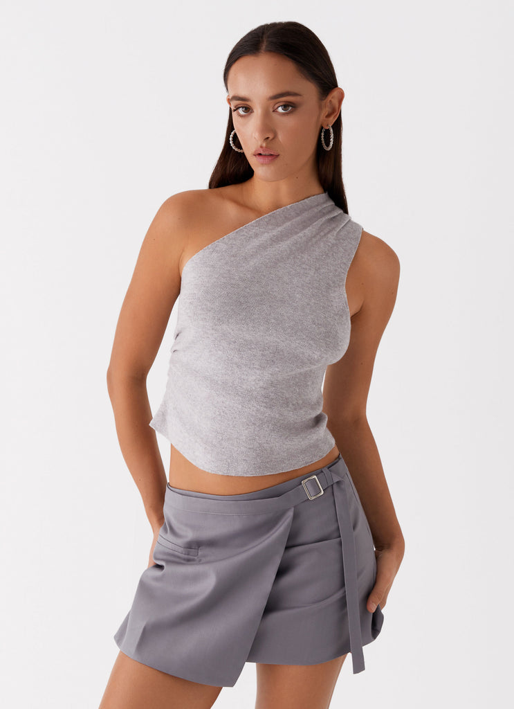 Womens Indy One Shoulder Knit Top in the colour Grey in front of a light grey background