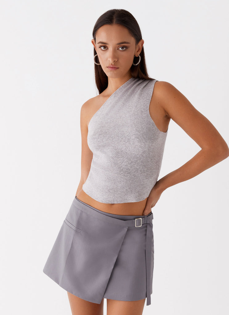 Womens Indy One Shoulder Knit Top in the colour Grey in front of a light grey background