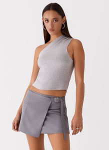 Womens Indy One Shoulder Knit Top in the colour Grey in front of a light grey background