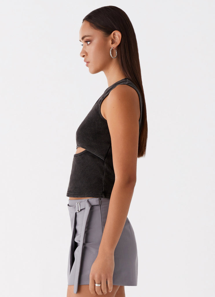 Womens Beyond Cut Out Ribbed Top in the colour Charcoal in front of a light grey background